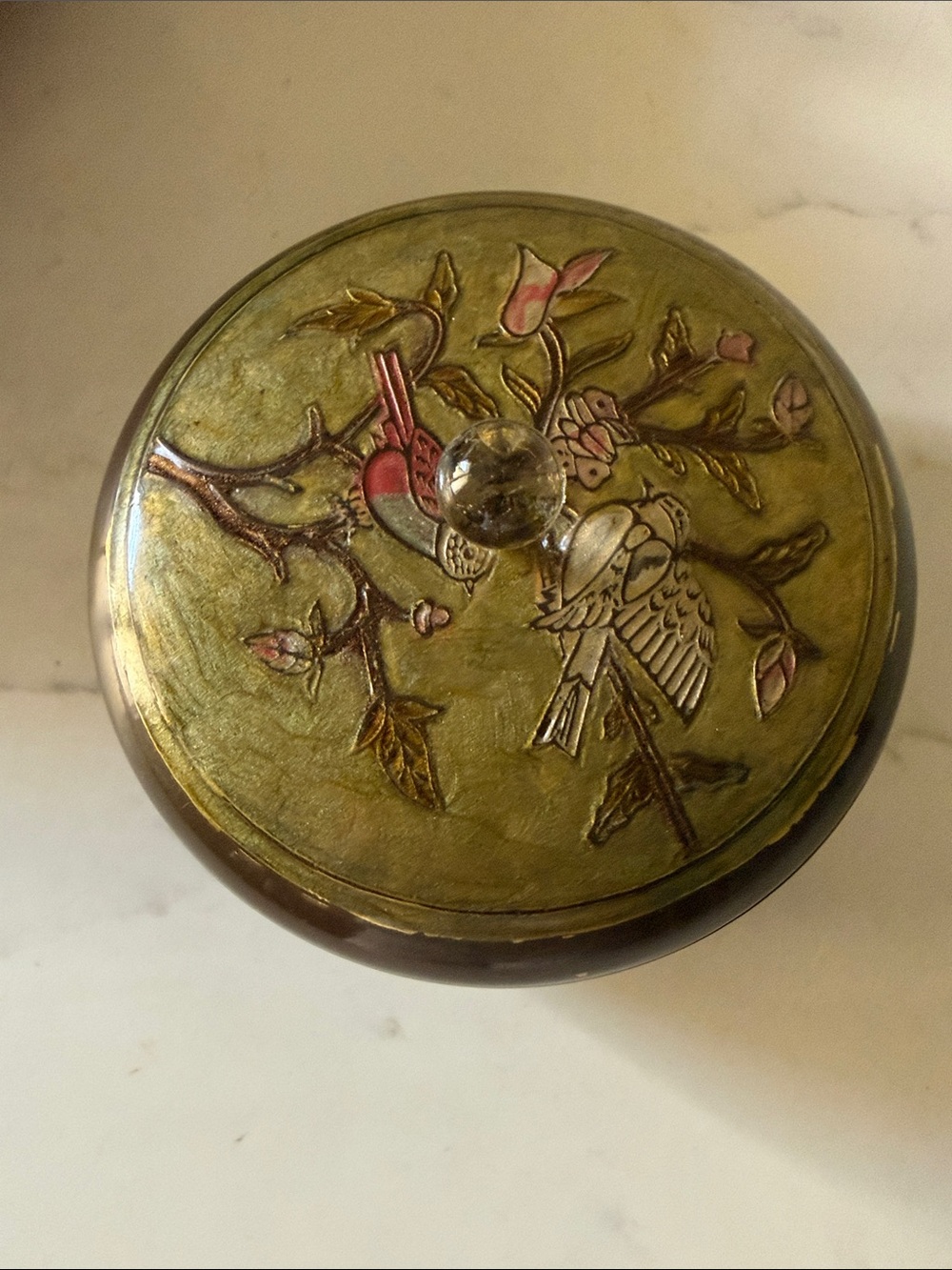 Vintage Brass Trinket Box with Painted Lid Bird Motif